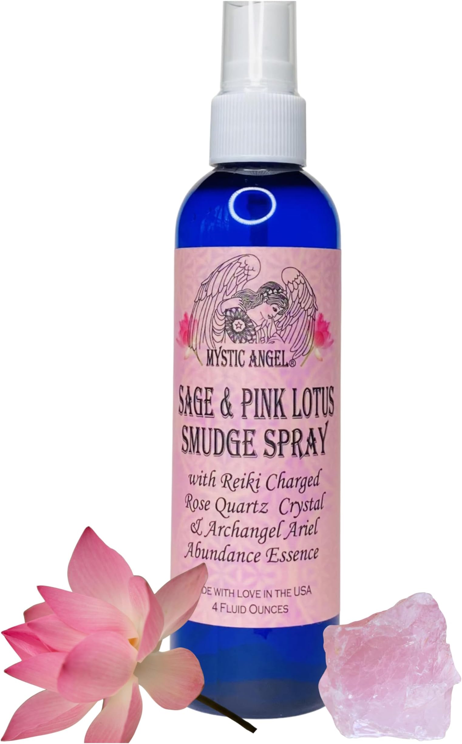 Abundance Smudge Spray with Reiki Charged Rose Quartz Crystal and Archangel Ariel Essence - 4 oz