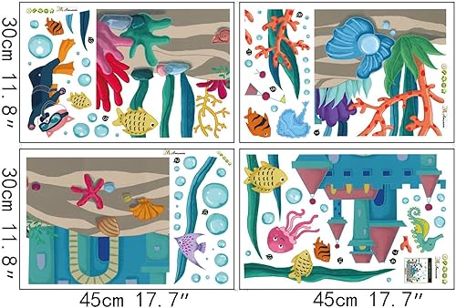 Miniatura 3 de Calcomanías de pared de peces marinos 3D bajo el mar, castillo, calcomanías de pared removibles de algas marinas, corales de medusas de burbujas,
