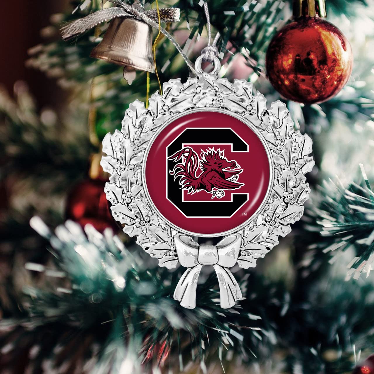 South Carolina Gamecocks Wreath with Team Logo Silver Metal Christmas Ornament Gift Tree Decoration USC