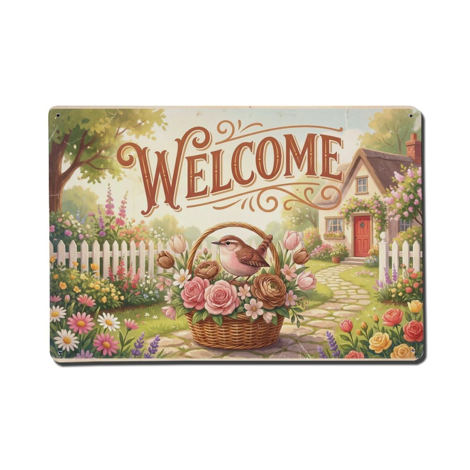 Vintage Welcome Wren Cheerful Greetings（1） Metal Tin Sign