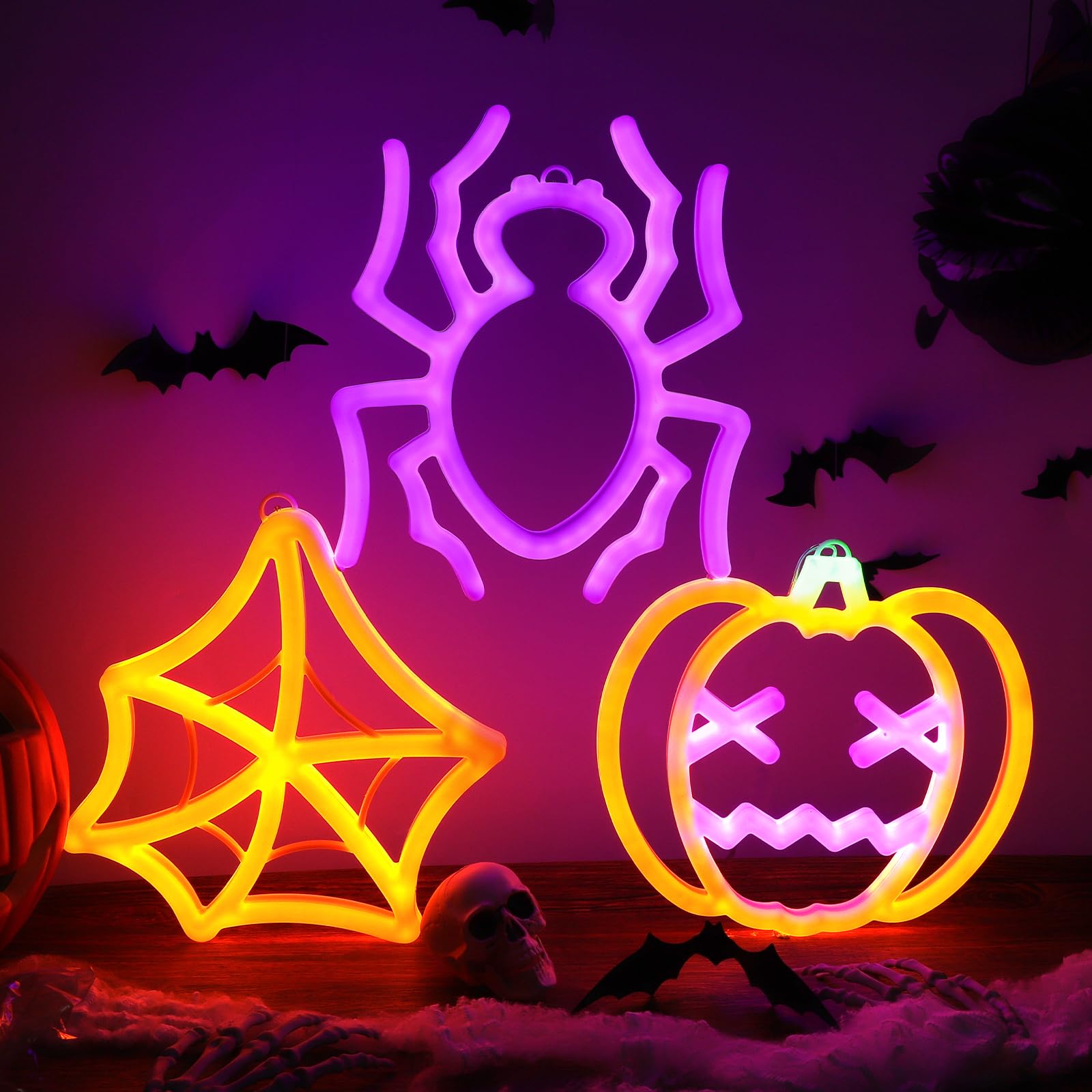 ハロウィン ネオンライト　Halloween　LEDネオン　オーダーメイド 3 Pack Halloween Neon Sign for Wall Decor, Pumpkin Spider Neon