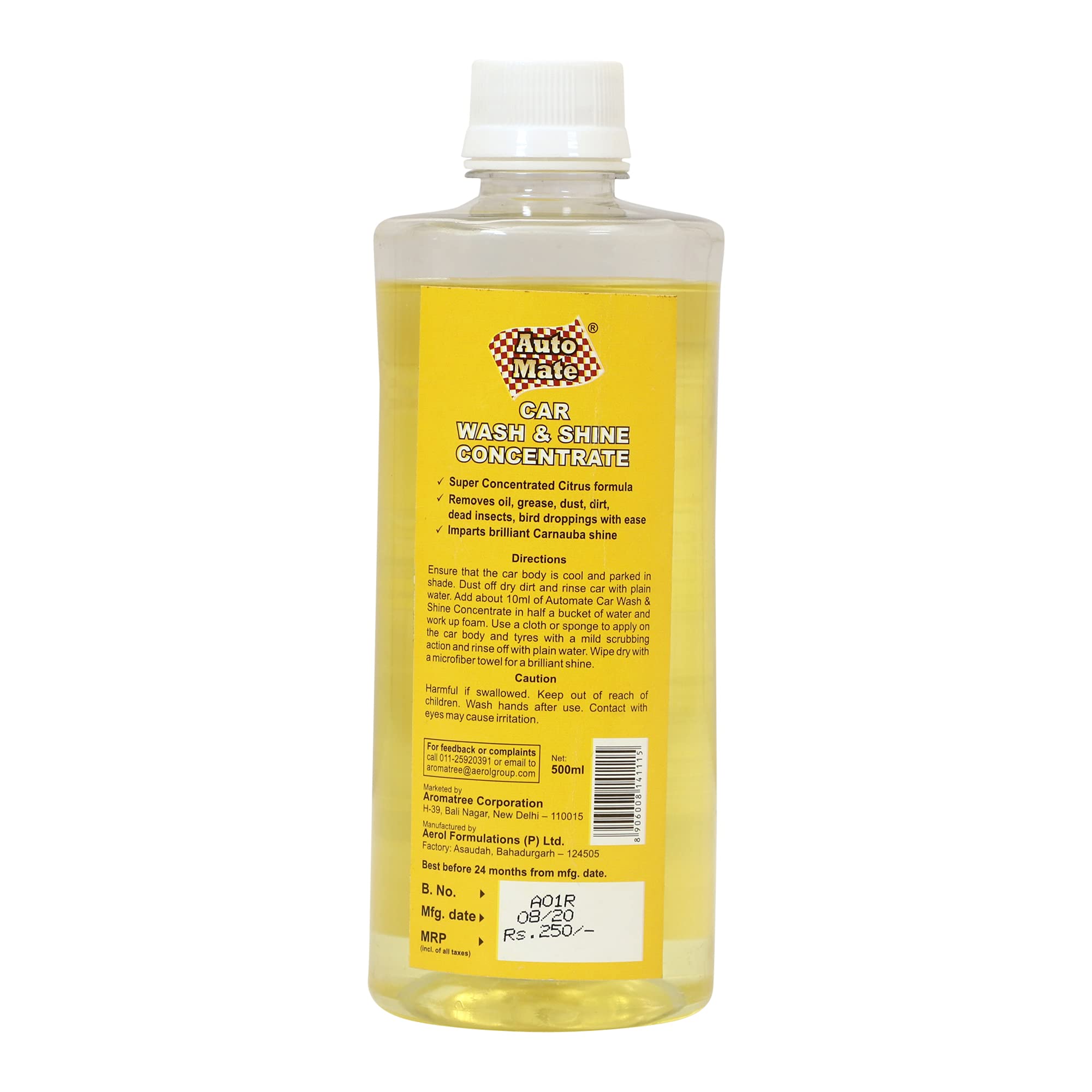 AUTO MATE AEROL Car Wash & Shine Concentrate, pH Neutral Car Shampoo, Citrus Fragrance, Carnauba Wax Foam Wash, High Gloss Finish, Dirt Remover for Cars, Bikes & All Vehicles, 500 ml, 500 g 1
