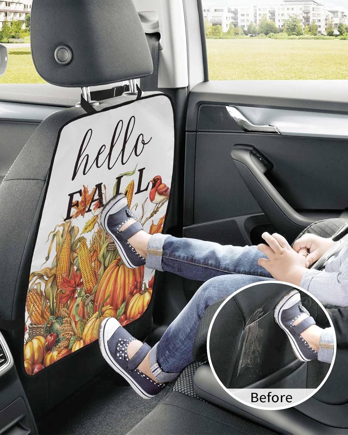 T&H XHome Car Seat Protector, 2 Pack Kick Mats Back Seat Protector Fall Thanksgiving Orange Pumpkins Corn Wheat Robin Waterproof Backseat Cover for Kids Universal Fit Automotive Interior Protectors