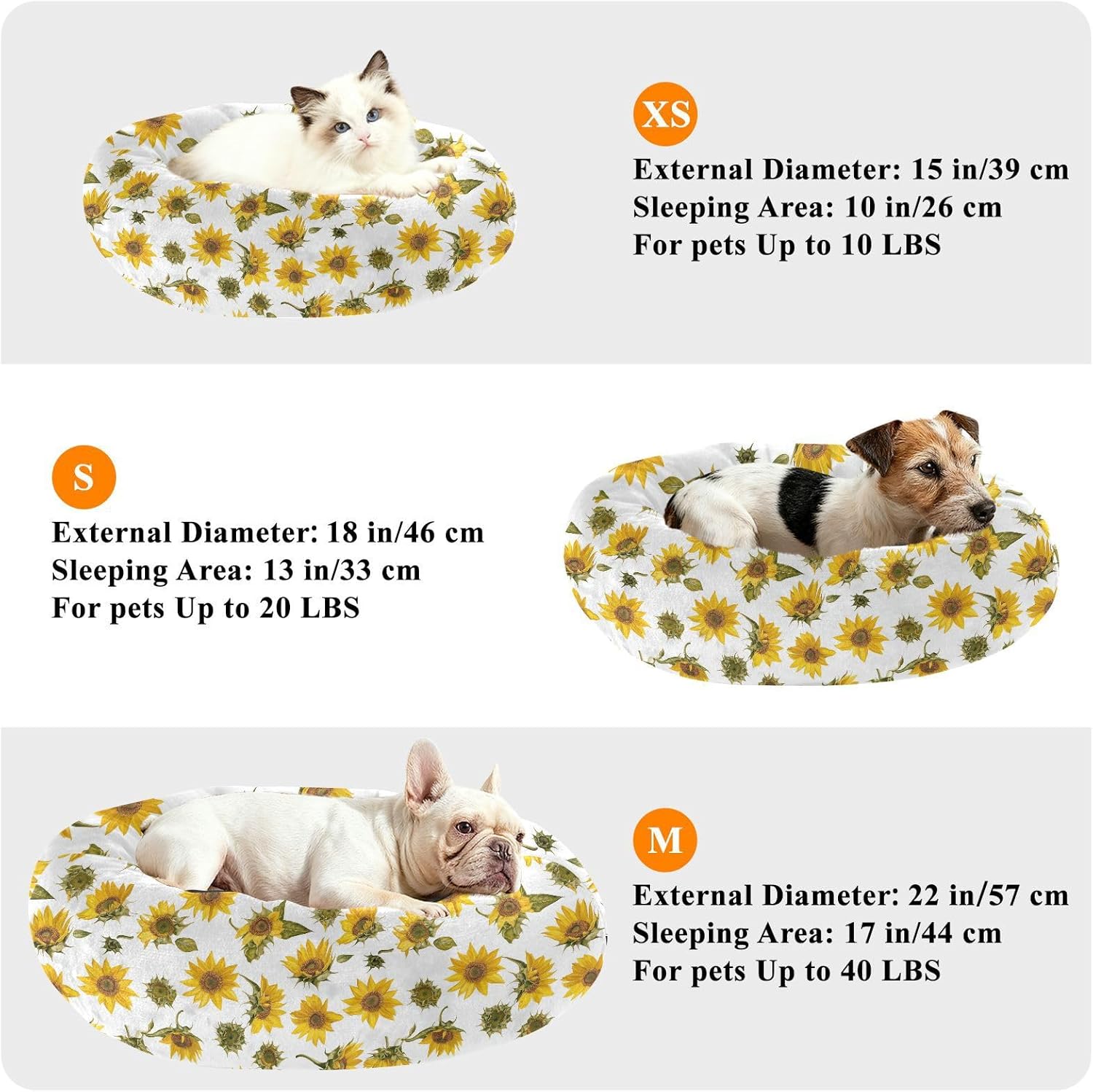 Pet Dog Beds Anxiety Relief Fluffy Cat Pillow Bed for Small Size Pets Supplies M Art Sunflower White