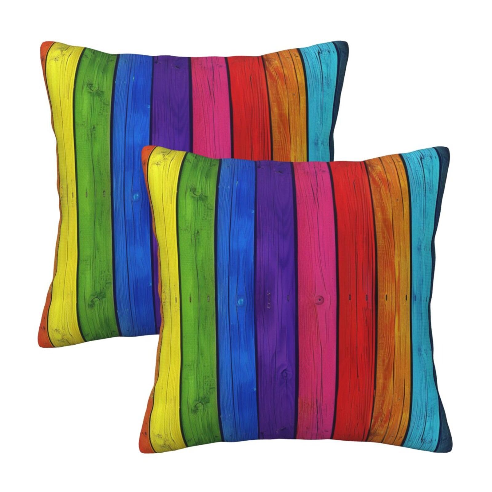 kkvhhyuo Rainbow Colored Wood Background Print Pillow Covers Set of 2, Square Decorative Cushion Covers with Hidden Zipper, Throw Pillow Cases for Living Room Sofa Bed Chair, 45x45 cm