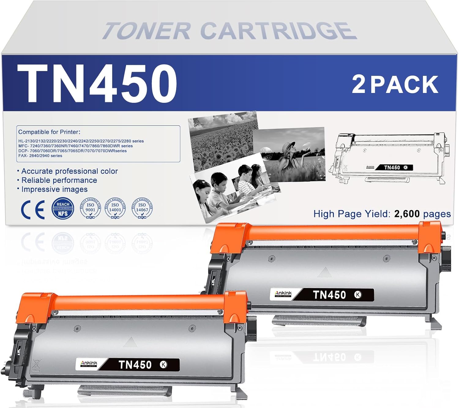 Ankink TN450 TN420 Toner Cartridge High Yield Replacement for Brother TN 450 420 TN-450 TN-420 for HL-2270DW HL-2280DW HL-2230 MFC-7360N 7860DW DCP-7065DN Intellifax 2840 2940 Printer (2 Black)