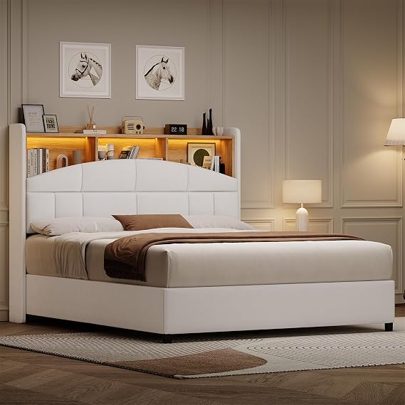 REVOMINCA Full Size Bed Frame with Headboard, Velvet Upholstered Bed Frame with LED Lights, Full Size Platform Bed with Wooden Slats Support, No Box Spring Needed, No Noise, Beige