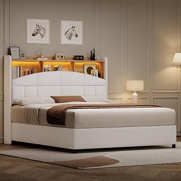 REVOMINCA Full Size Bed Frame with Headboard, Velvet Upholstered Bed Frame with LED Lights, Full Size Platform Bed with Wooden Slats Support, No Box Spring Needed, No Noise, Beige