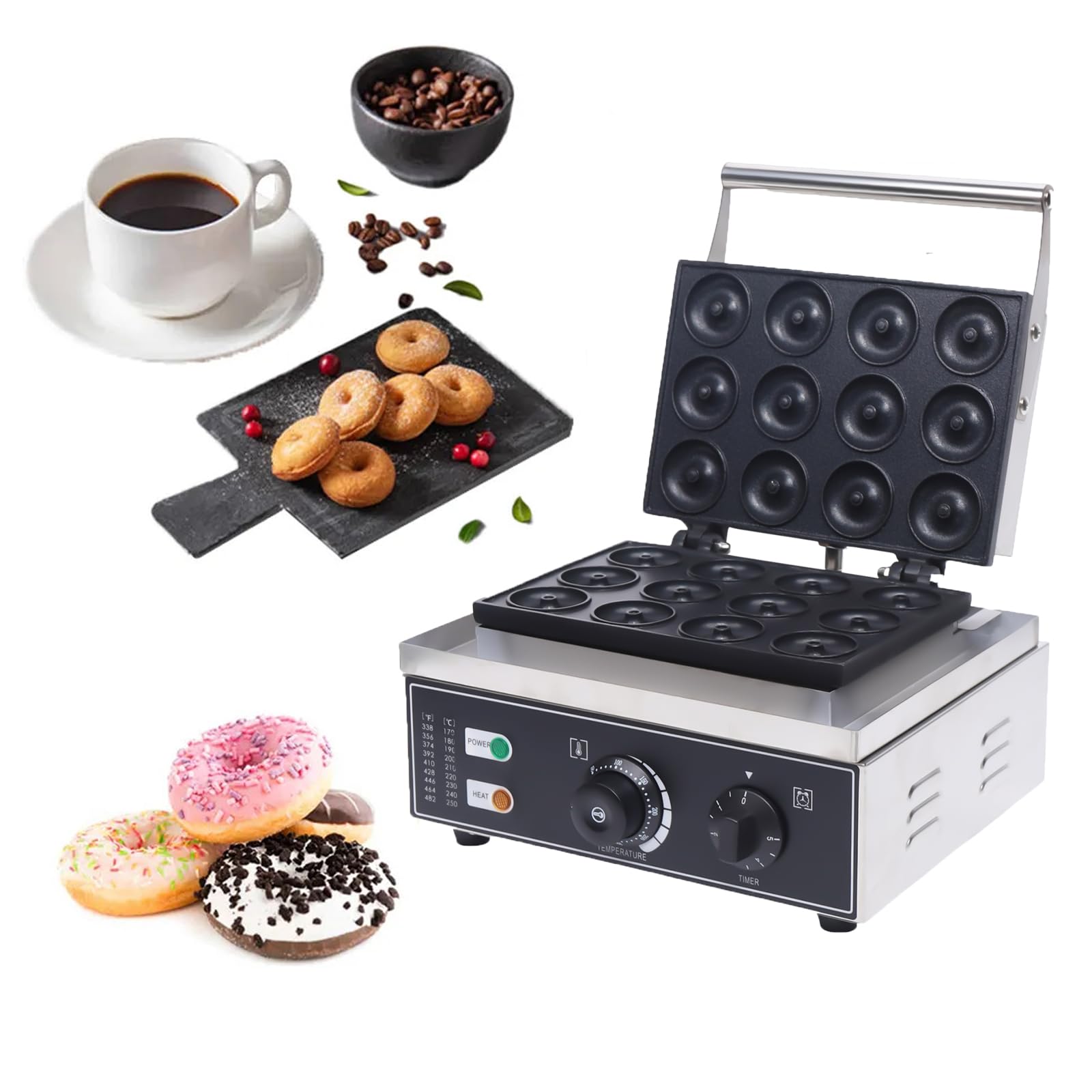 1500W Commercial Waffle Donut Machine,110V 12 Holes Doughnut Baker Maker Machine,122-572? Temperature for Professional Kitchen, Bakery, Dessert Shop