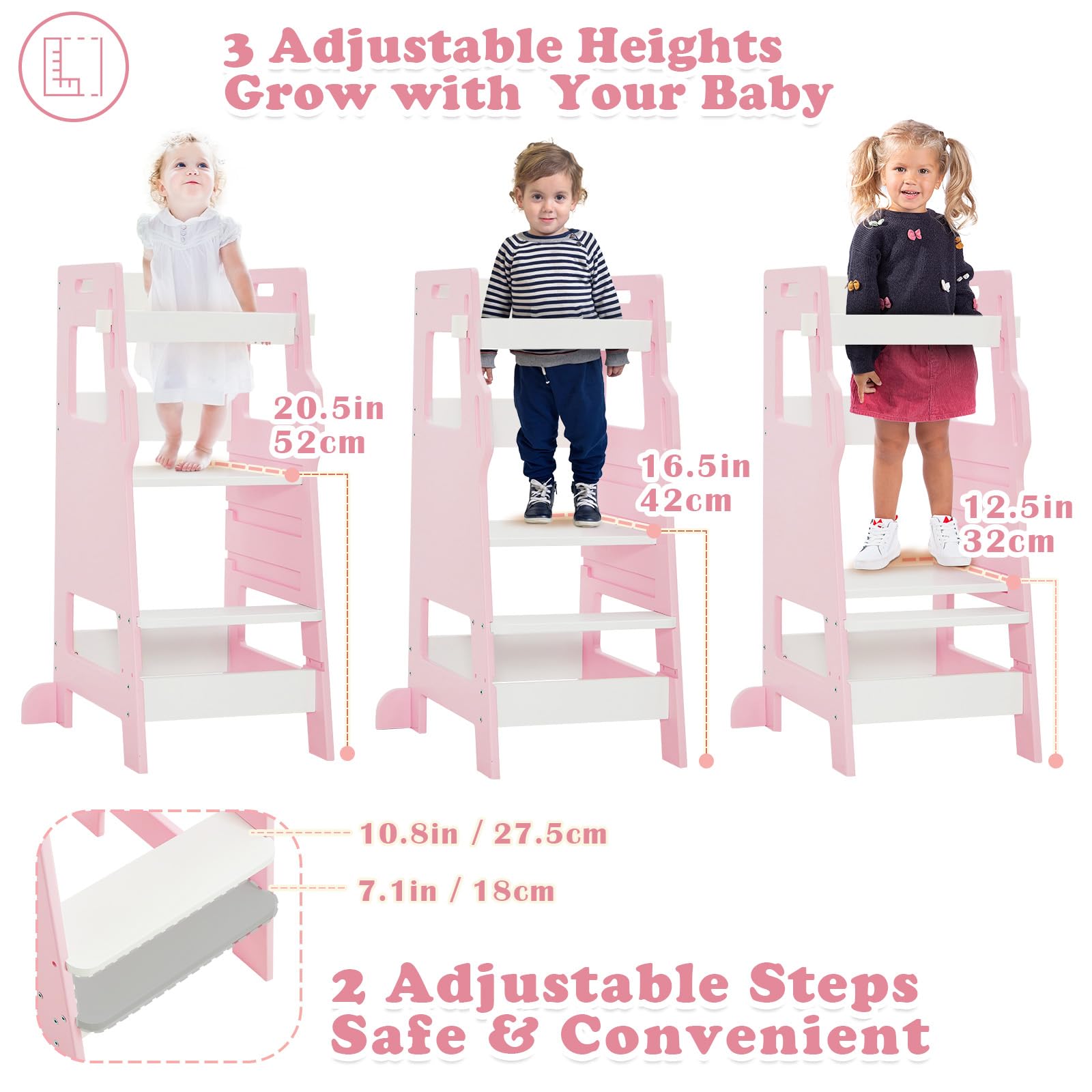 Torre Montessori Per Bambini - Grigio, Regolabile 3 Altezze, Rete Di Sicurezza, Legno Di Pino - Foto 4