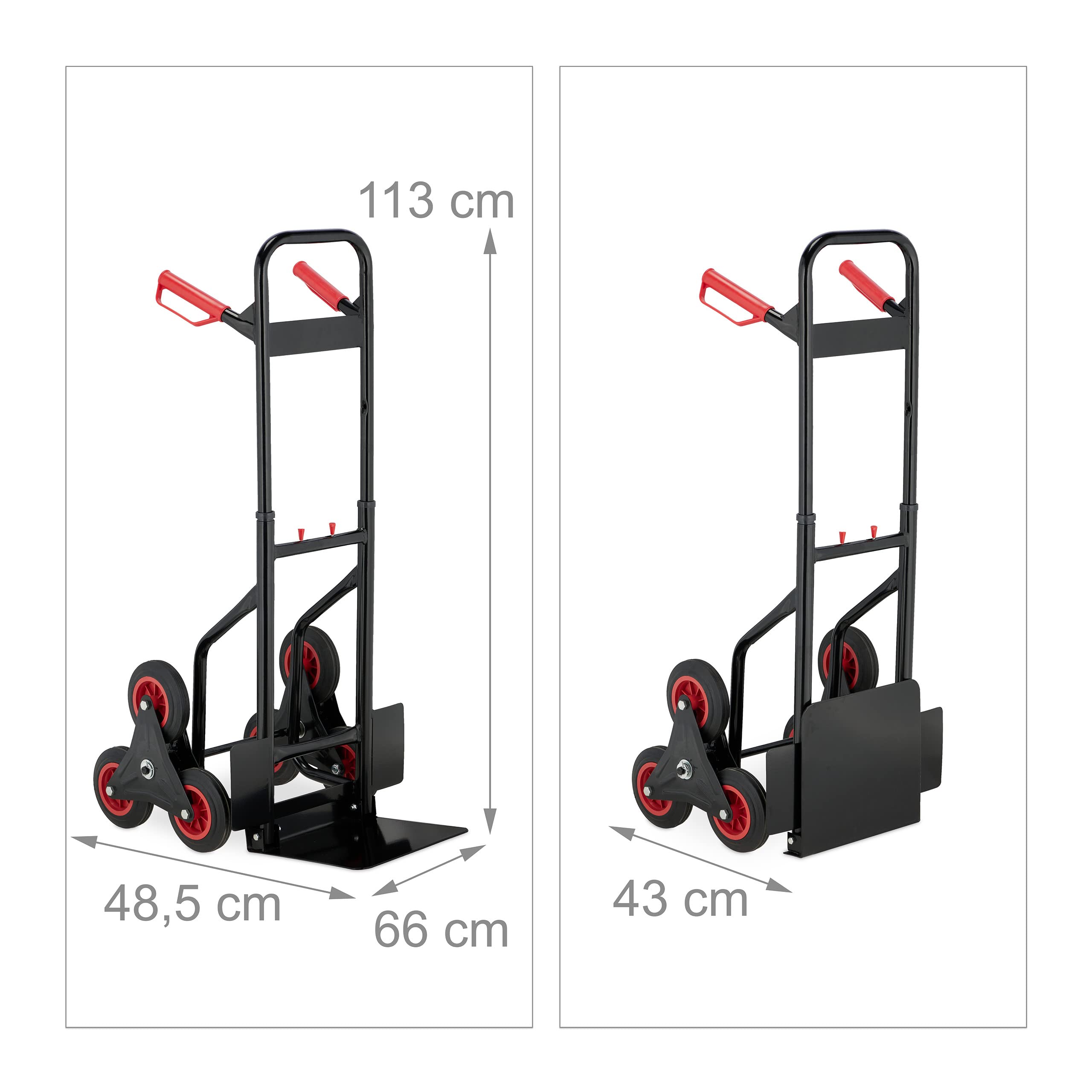 Relaxdays Carretilla Escaleras, Carro Transporte Plegable, máx.200 kg, Ruedas Goma Maciza, Altura Regulable, Negro/Rojo