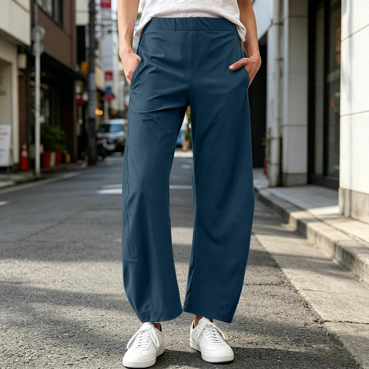Womens Barrel Travel Pants Elastic Waistband Tapered Leg Baggy Mid Rise Work Trousers Lounge Pant with Pockets