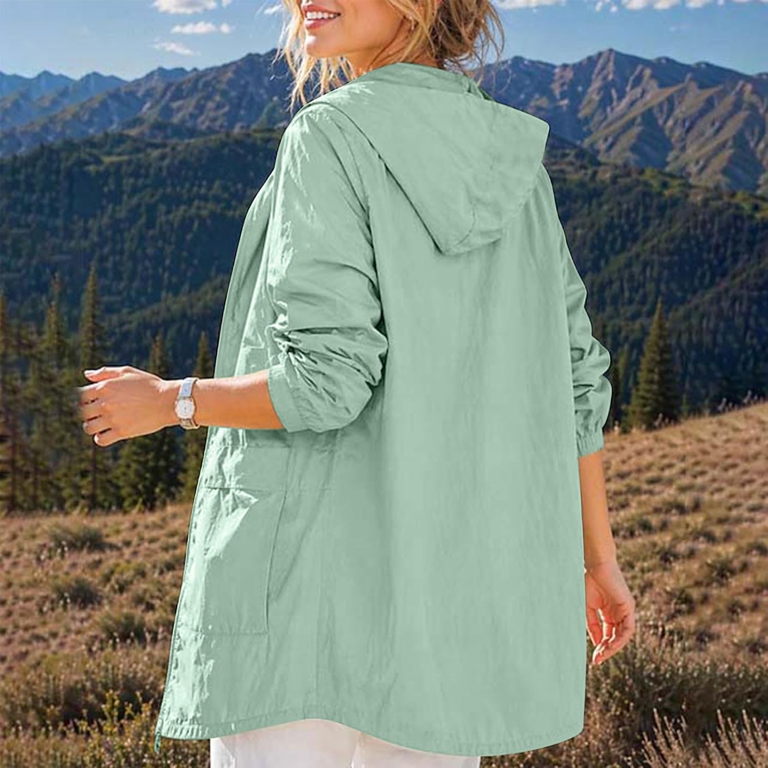 Lightweight Rain Jackets Womens Waterproof Windbreaker Long Coats | Relaxed Roomy Fit, Deep Front Patch Pockets, Elasticized Cuffs, Attached Hood, Outdoor Walking Apparel