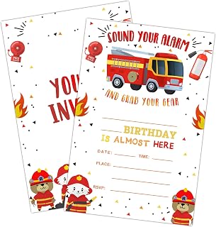 Fire Truck Birthday Party Invitations, Firetruck Theme Birthday Party for Boys Kid, 20 Set Emergency Vehicles Fill In Invitation Cards with Envelopes, Firetruck Invites Decorations Supplies 4x6 Inch