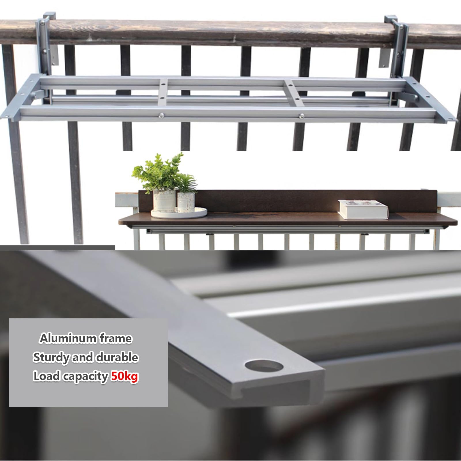 Generisch Wetterfester, klappbarer Balkontisch aus Aluminium, platzsparender Beistelltisch in Braun, 120 x 37 cm (47,2 x 10,6 Zoll), ideal für Terrasse, Garten und Balkon.