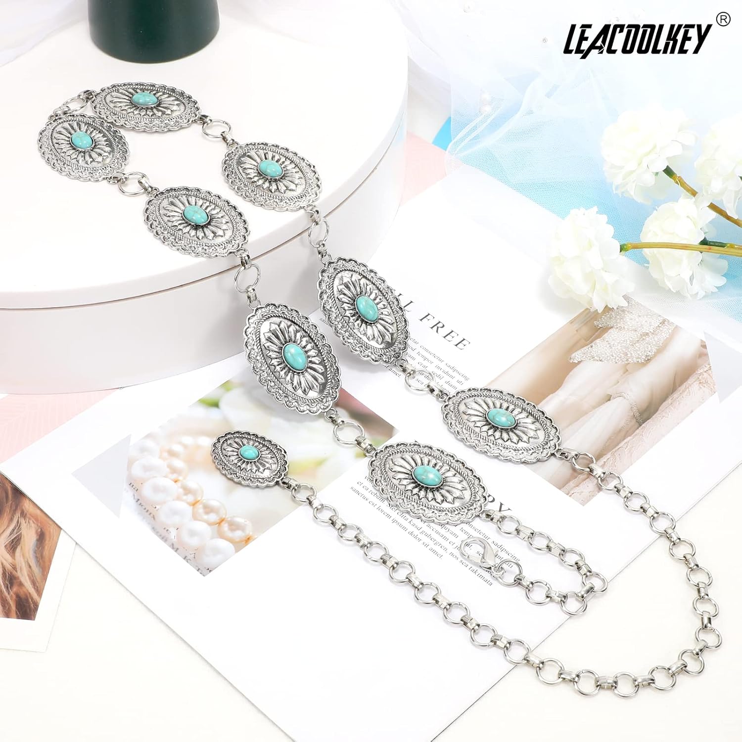 LEACOOLKEY Women Turquoise Concho Chain Waist Belt Silver Western Cowgirl Metal Chain Belt for Dress Adjustable - Image 5