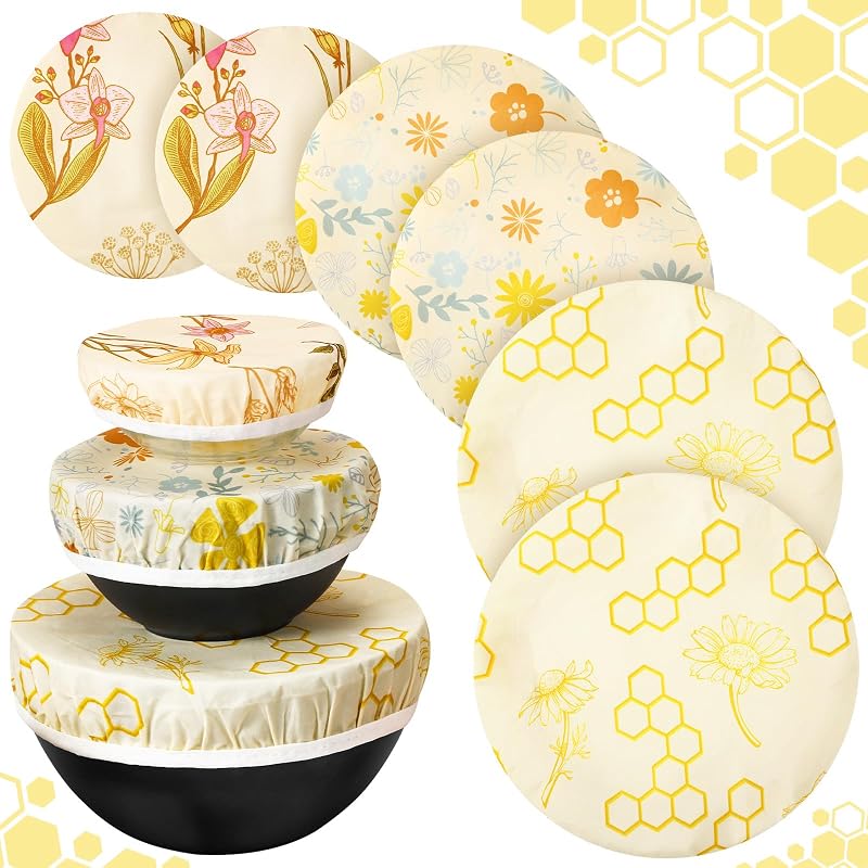 6 Pcs Reusable Beeswax Bowl Covers for Bread Proofing 6/8/10 Inch Elastic Cotton Bowl Cover 3 Pattern Cloth Food Wrap Bread Proofing Cap for Mixer Container Baskets