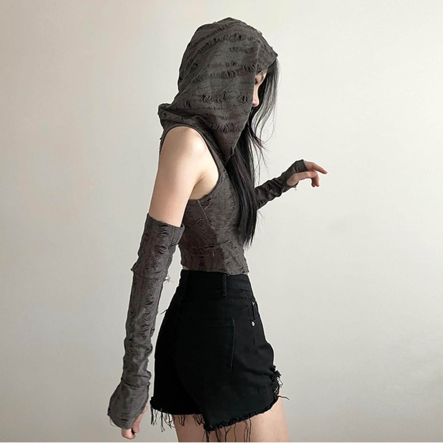 Hooded Tops Off Shoulder Shirt Tight Top Crop Top with Sleeve Gothic Bodycon Top - Image 6