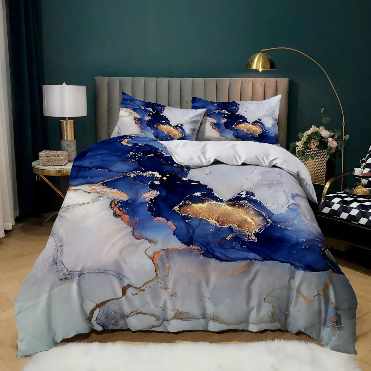 XCQHZYQ Microfiber Dekbedovertrek Set Blauw Marmeren Dubbele Dekbedovertrek Set met Ritssluiting en Hoekbanden, Beddengoed 3 Stks Ultra Zachte 3D Gedrukt Dekbedovertrek Dekbedovertrek