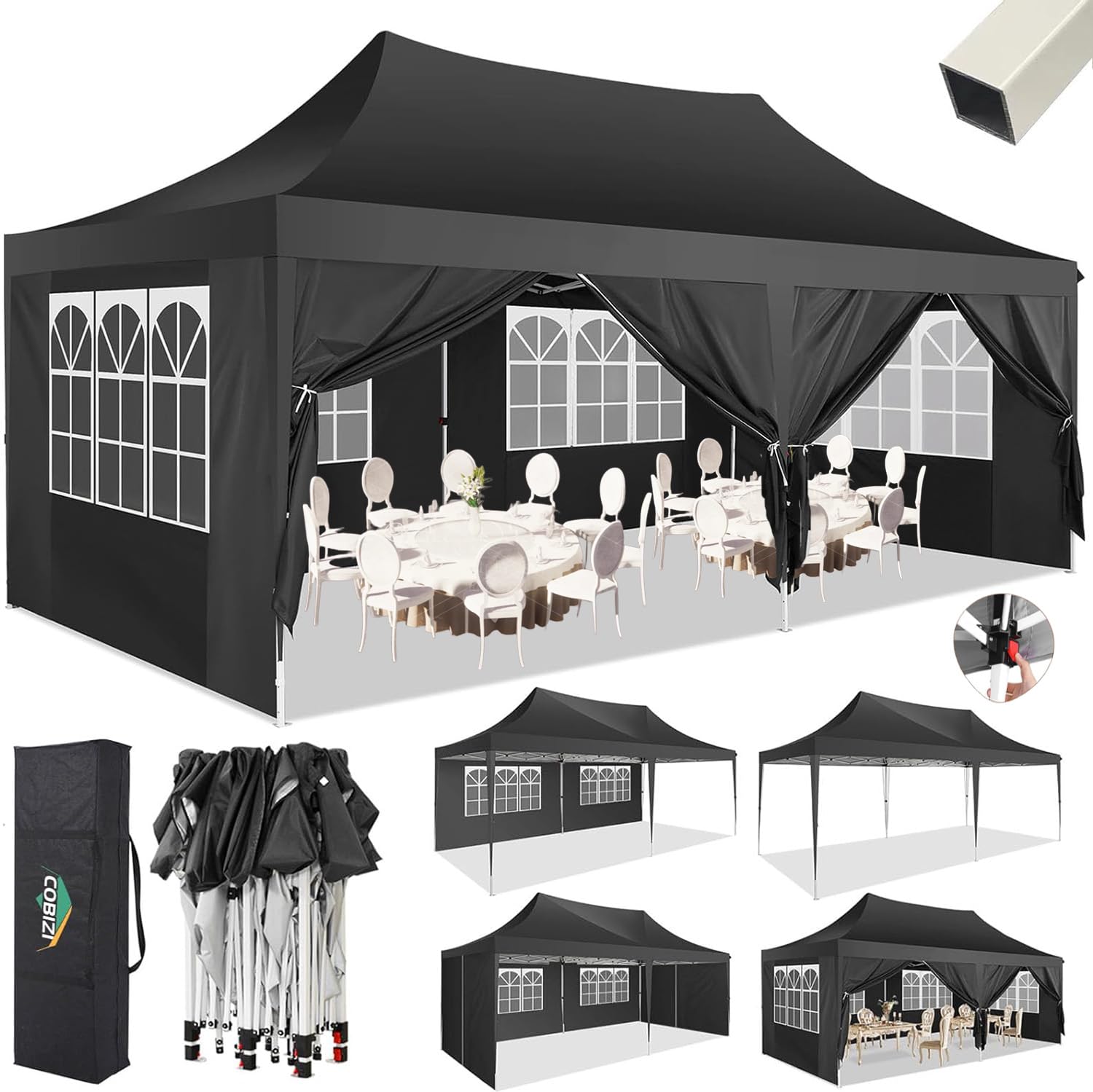 COBIZI Pavillon 3x6m Wasserdicht Stabil mit 6 Seitenteilen,Schwarz | Faltpavillon 3x6 Partyzelt Pop Up Camping Gartenzelt Gartenpavillon für Garten, Party, Festival, Hochzeit, UV-Schutz