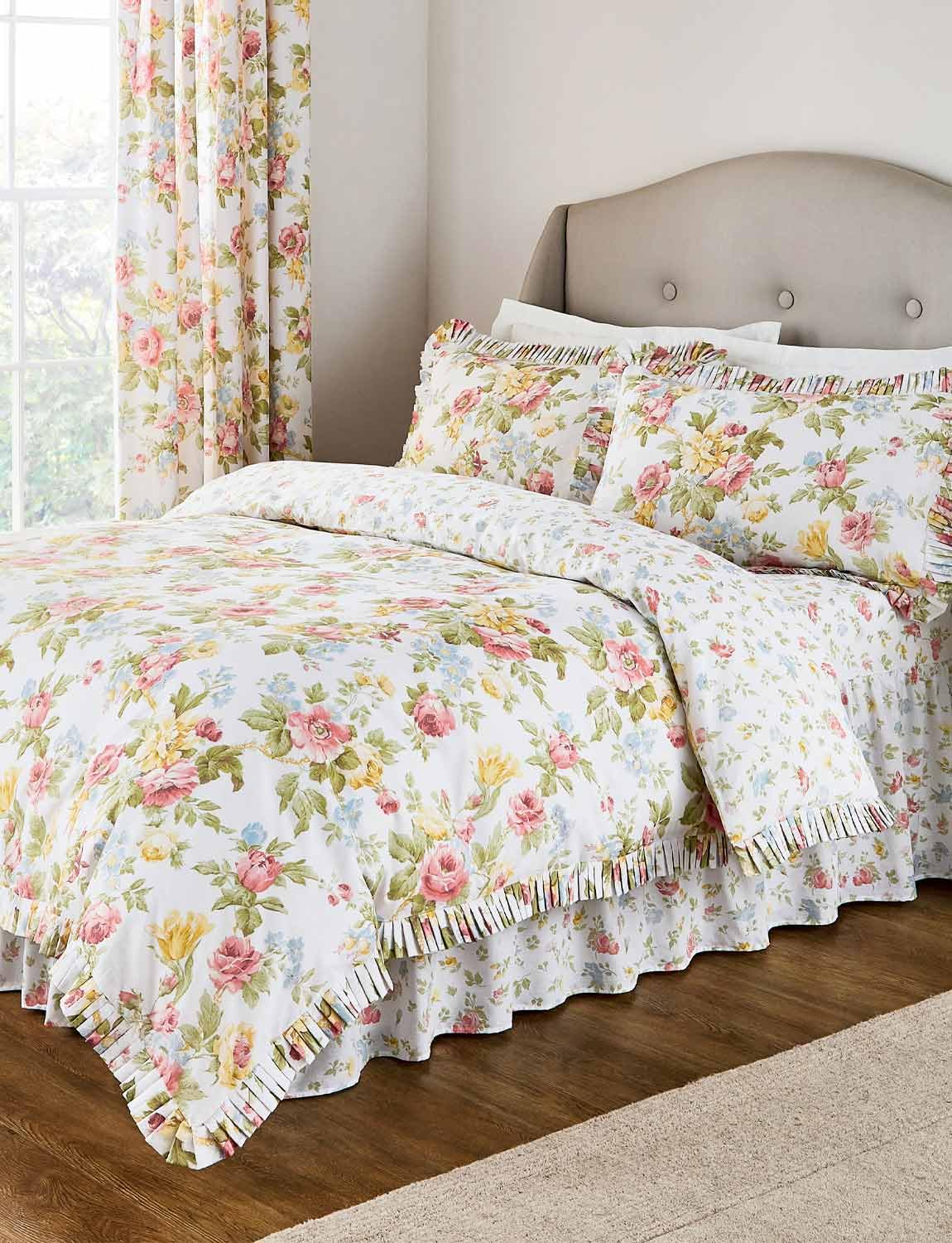 Vantona Elizabeth Luxury Reversible Floral Quilt Cover Set, Premium Cotton Blend Bedding with Elegant Pleated Edges Multi Double