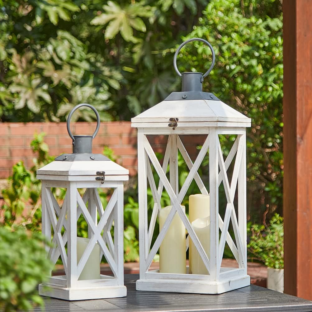 Glitzhome Set of 2 Modern Farmhouse Wooden Candle Lanterns Wash White - Hanging or Standing Indoor Outdoor Decor No Glass