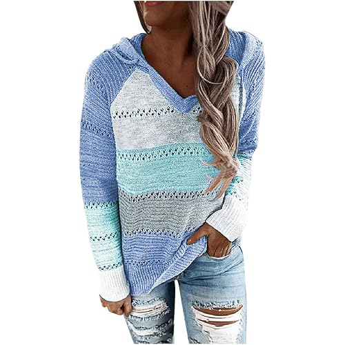 Fudule Women's Pullover Sweaters,Lightweight V Neck Pullover Color Block Hoodie Striped Hollow Out Sweater Knit Blouse