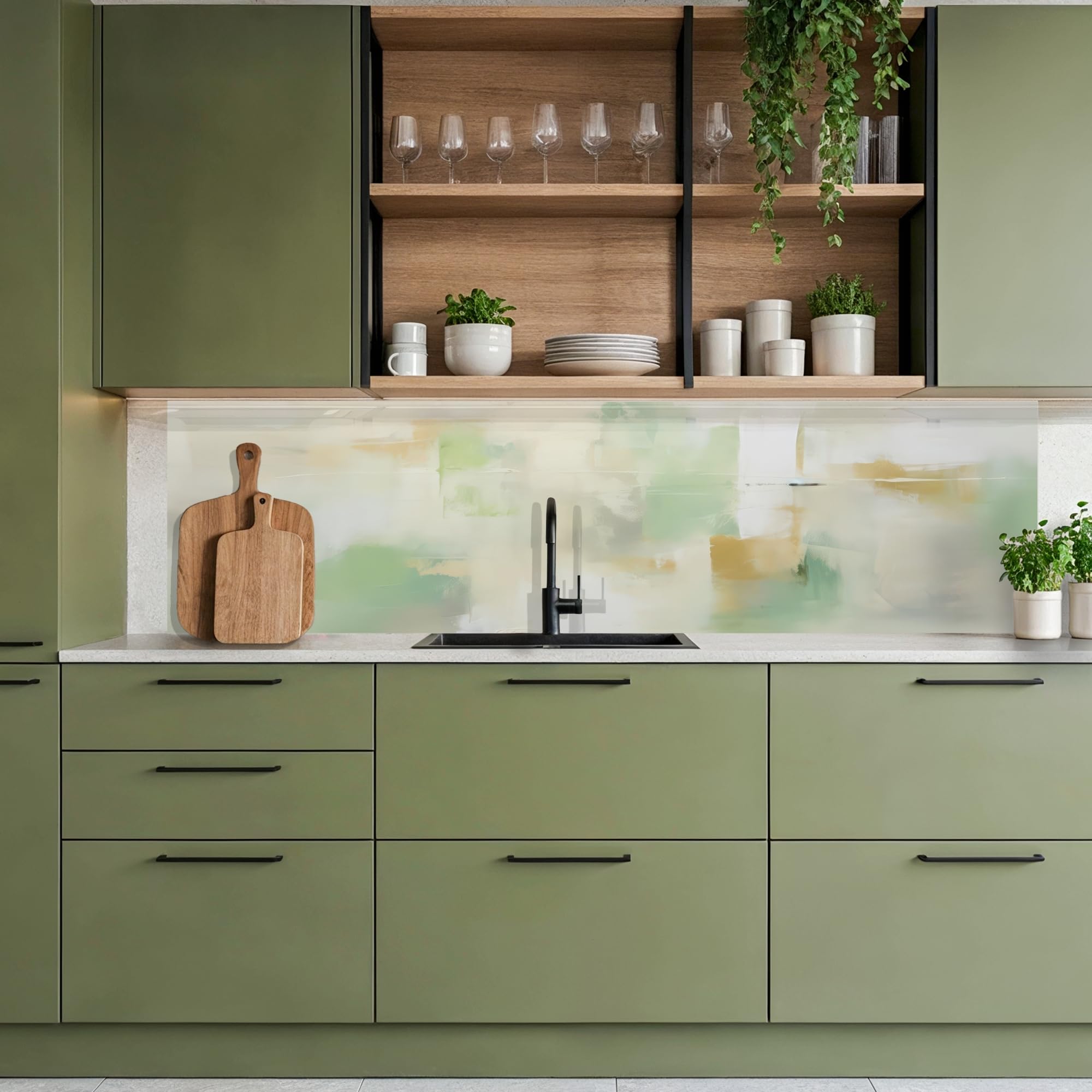 KitchenYeah© Antisalpicaduras Cocina 80x300 cm Adhesivo Salpicadero Protector Salpicaduras Kitchen Abstracto - Arte - Blanco - Verde - Moderno
