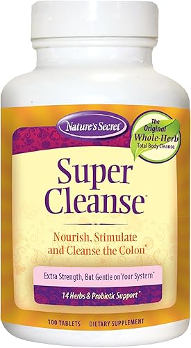 Nature's Secret Super Cleanse Extra Strength Total Body Cleanse, Support - Mezcla estimulante de 14 hierbas con probióticos - 100 tabletas