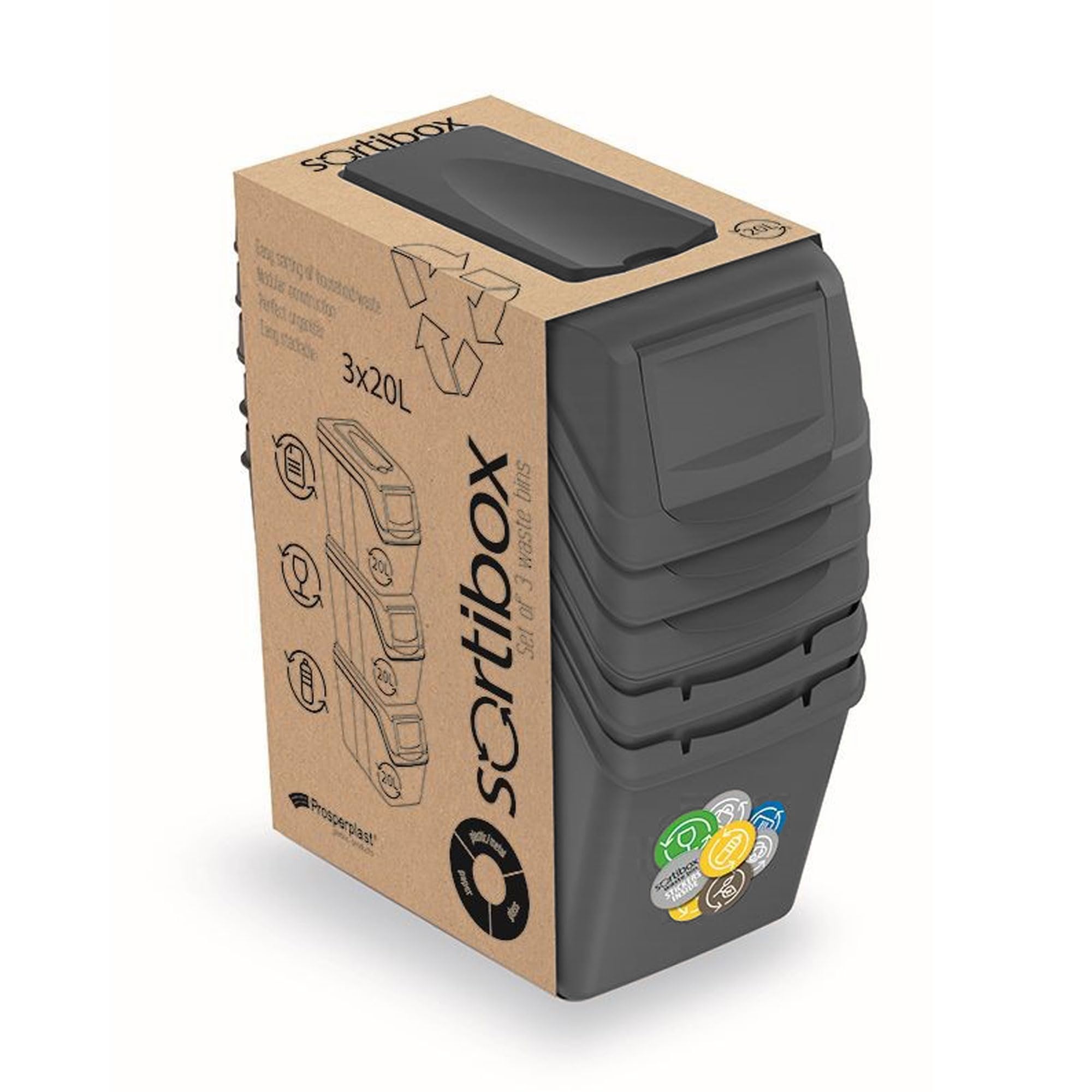 Prosperplast - Set di 3 cubi 3x20L Raccolta Differenziata Riciclaggio Comodo