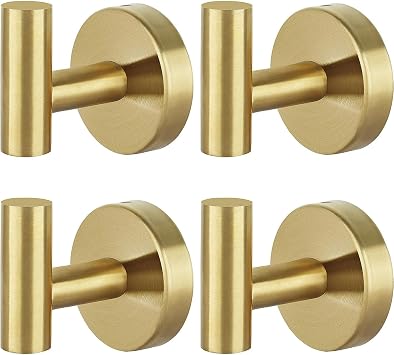 Towel Hooks -4 Pack SUS 304 Stainless Steel Bathroom Wall Hooks - Brushed Gold Heavy Duty Coat Hooks for Hanging Robes and Keys in Kitchen