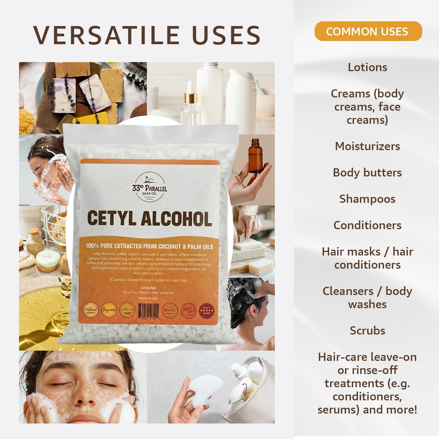 Cetyl Alcohol NF Grade (8 oz) 100% Pure Extracted from Coconut & Palm Oils. Premium Granules Cetyl Alcohol for Lotion Making, Creams, Scrubs, Shampoos, Conditioners, Moisturizers | 8 Ounces - Image 2