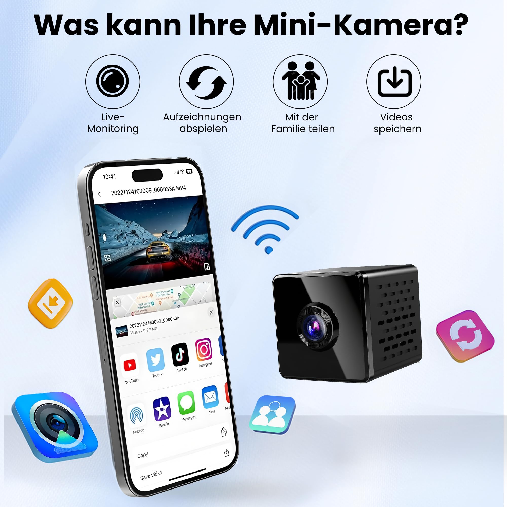 javiscam Mini Kamera inklusive Eurostecker,4K WiFi Überwachungskamera Innen Akku mit Nachtsicht, Kamera überwachung innen mit Bewegungserkennung/Cloud- & SD Speicher/Echtzeit-Video für Haustier,Baby
