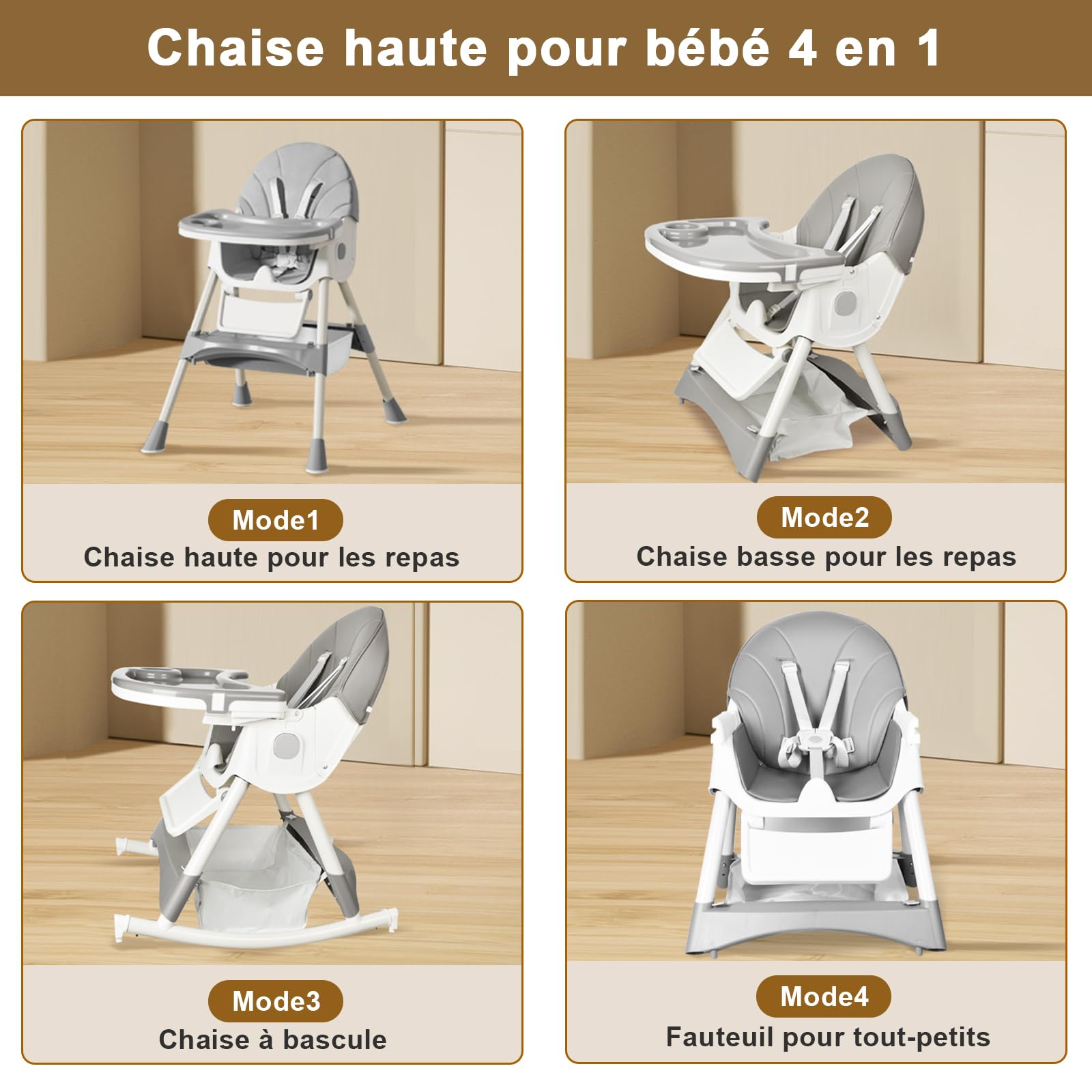 Chaise Haute Bébé Evolutive Pliable Chaise Haute 4 en 1, Double Plateau Détachable avec 4 Angles d'Inclinaison, 6 mois à 3 ans, Jusqu'à 15kg