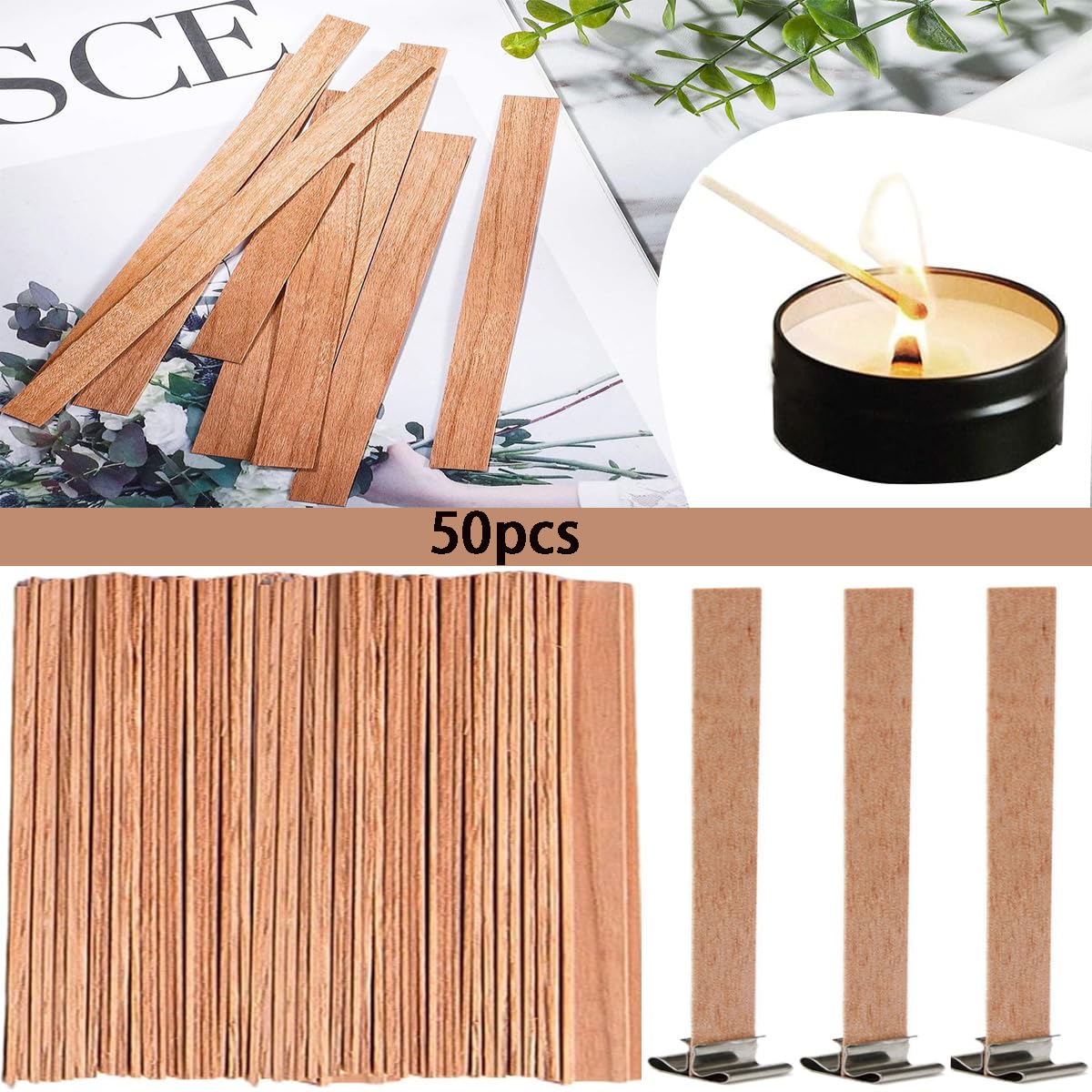 Kit 120 Stoppini In Legno Per Candele Fai Da Te - 50 Pezzi Con Base Metallica E Adesivi - Naturali E Scoppiettanti