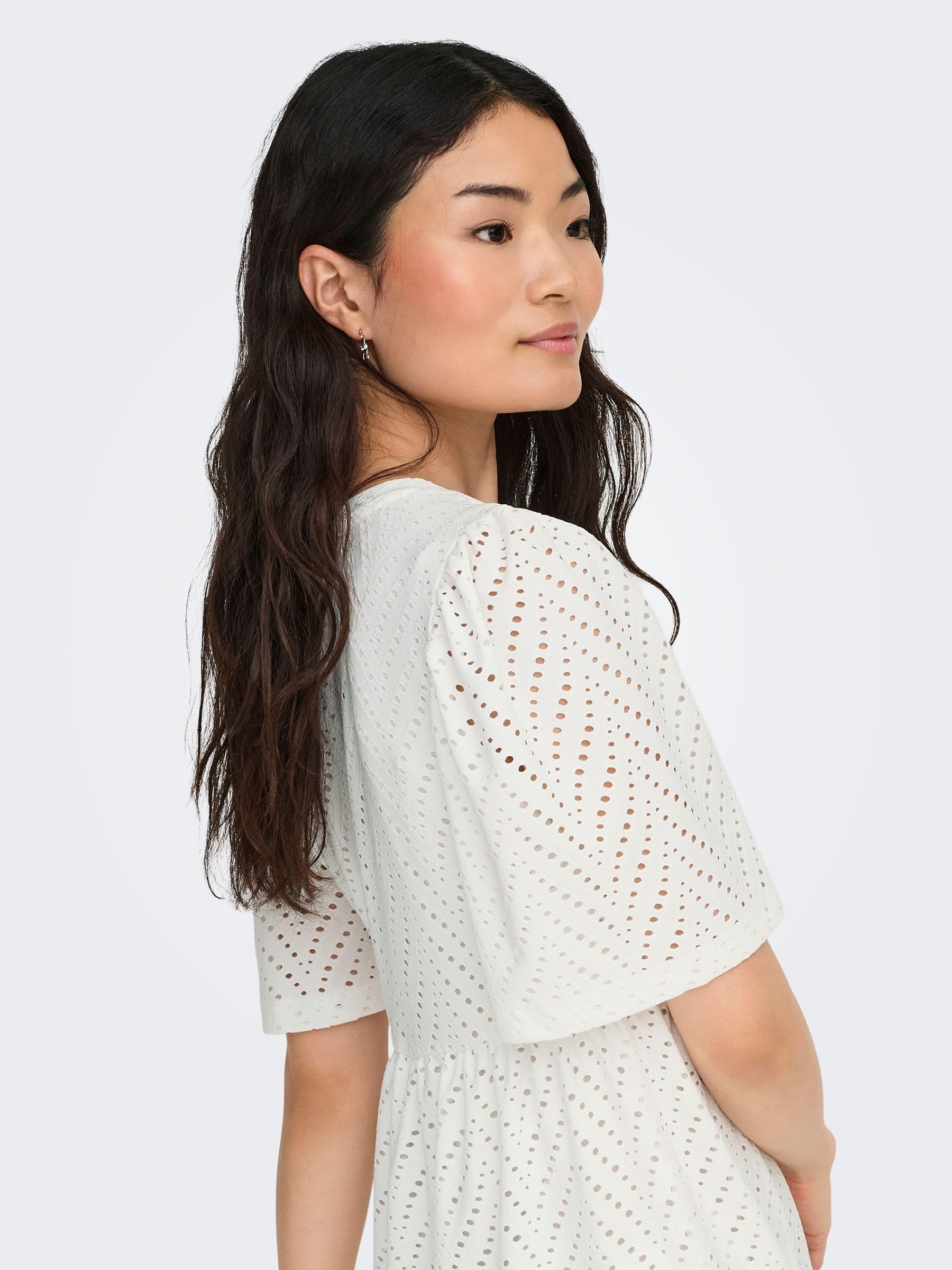 JDY Abito Corto Donna in Pizzo Ricamato Mini, Sciolto Maniche Corte, Collo Tondo, Lunghezza al Ginocchio JDYCARLA
