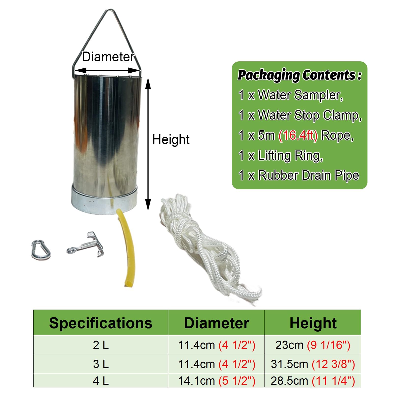 Campionatore d'acqua da 4 l, tazza ponderata per raccolta di liquidi per pozzetti, stagni, laghi e fiumi, kit di campionamento durevole