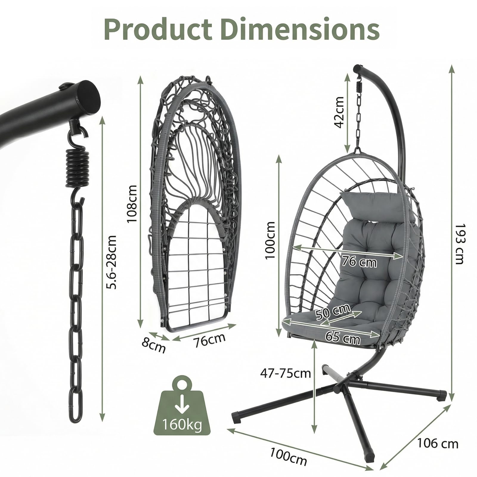 LIFERUN Hängesessel mit Gestell, Faltbarer Eiersessel mit Kissen, In- & Outdoor Freizeitsessel, Schaukel für Erwachsene & Kinder, für Garten, Terrasse, Balkon, Wohnzimmer, Belastbar bis 160 kg (Grau)