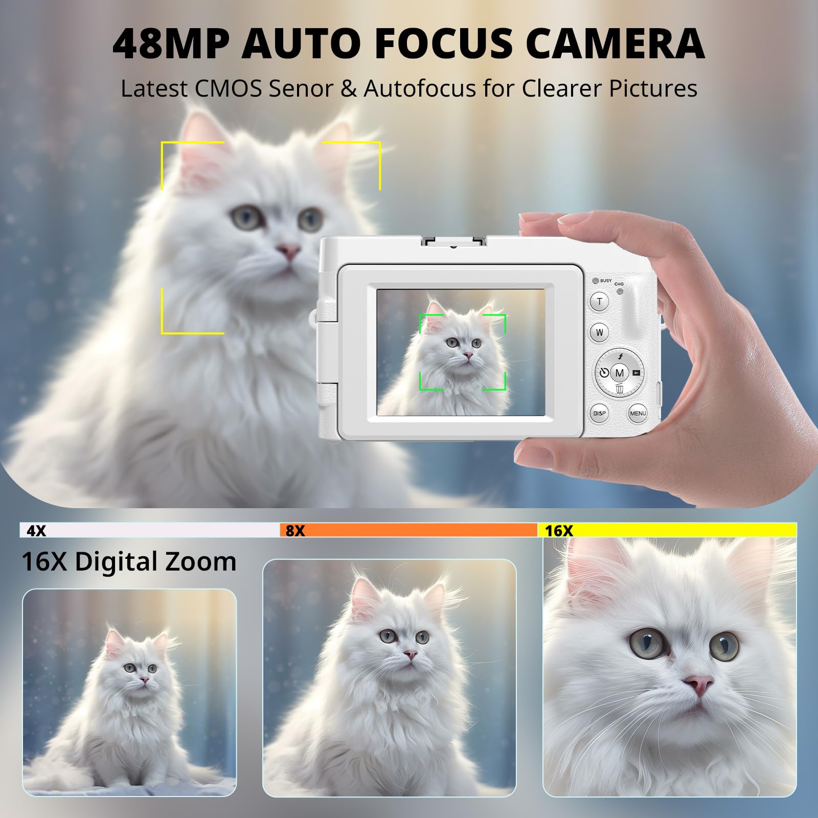 4K Digital Camera for Photography Autofocus, 2024 Latest 48MP Vlogging Camera for YouTube with SD Card, 2 Batteries, 3" 180°Flip Screen Compact Travel Camera for Teens with 16X Zoom, Anti-Shake,: Off White