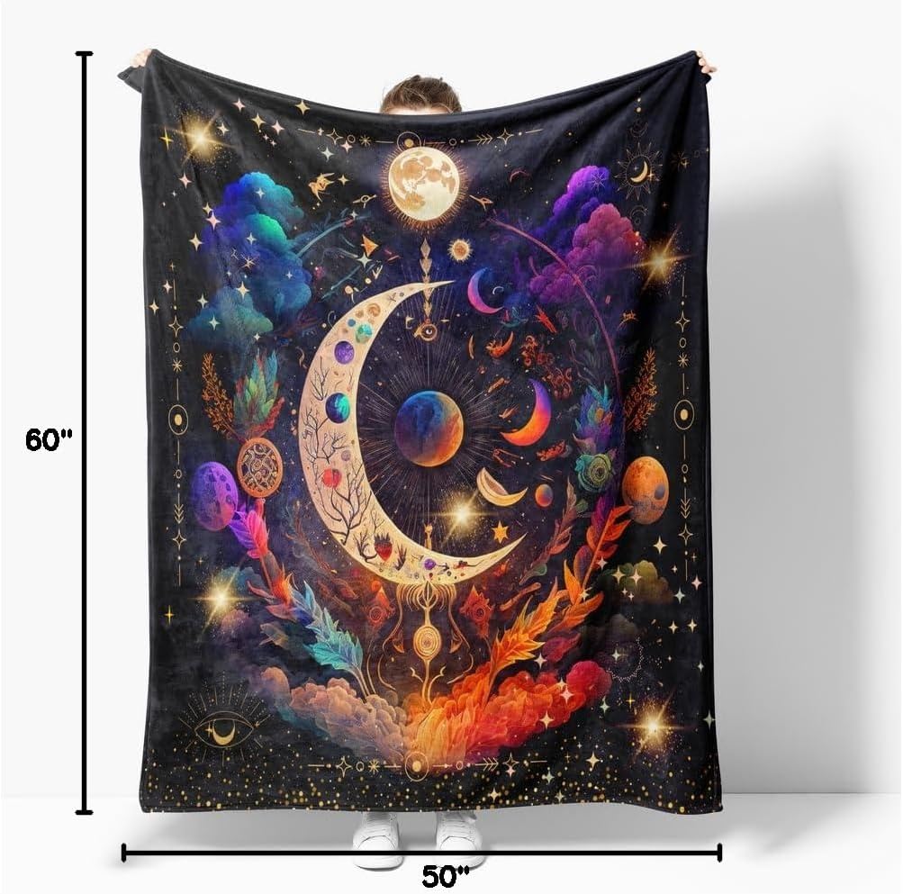 Hippie Throw Blanket Sun Moon Stars Boho Throw Blankets Celestial Blankets Double-Sided Polyesters Home Decor Bedding Chair Couch Recliner Cover Hippie Room Decor Black Purple 50"X60"