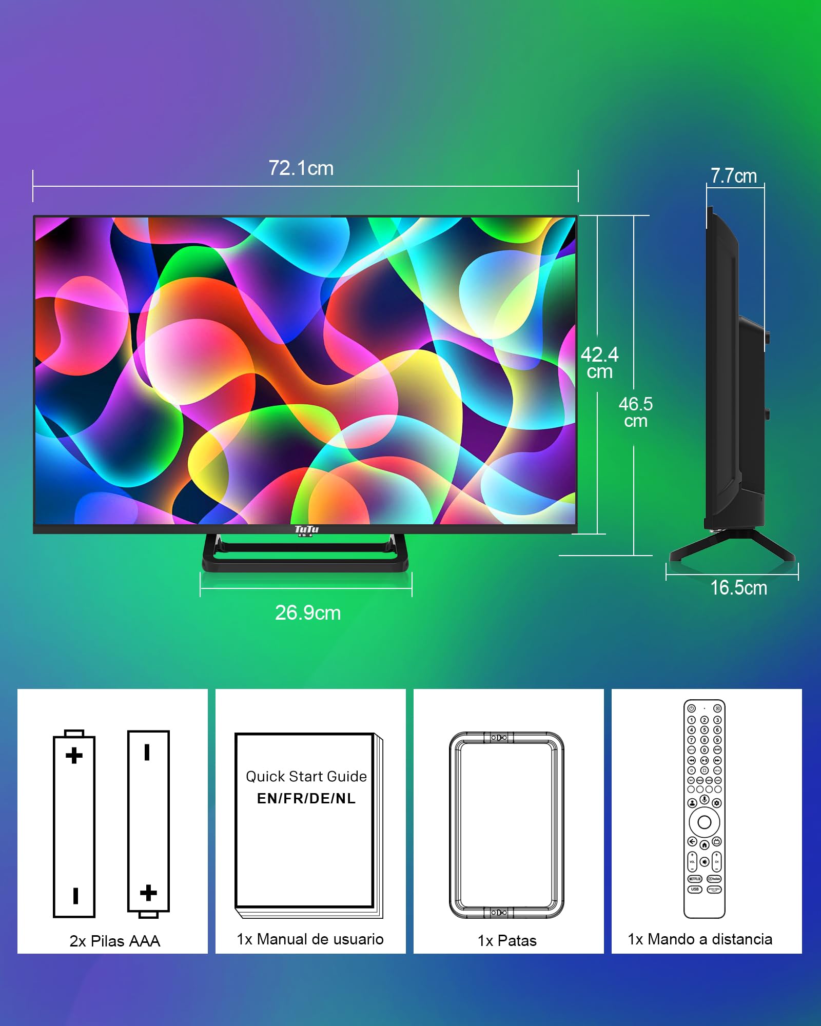 TuTu Smart TV 32 Pulgadas Led HD WiFi Bluetooth Google Televisores con Google Assistant, Google Play Store, Netflix, Prime Video, Disney+, Triple Tuner, Chromecast (TUG32HQ1C, 2025)