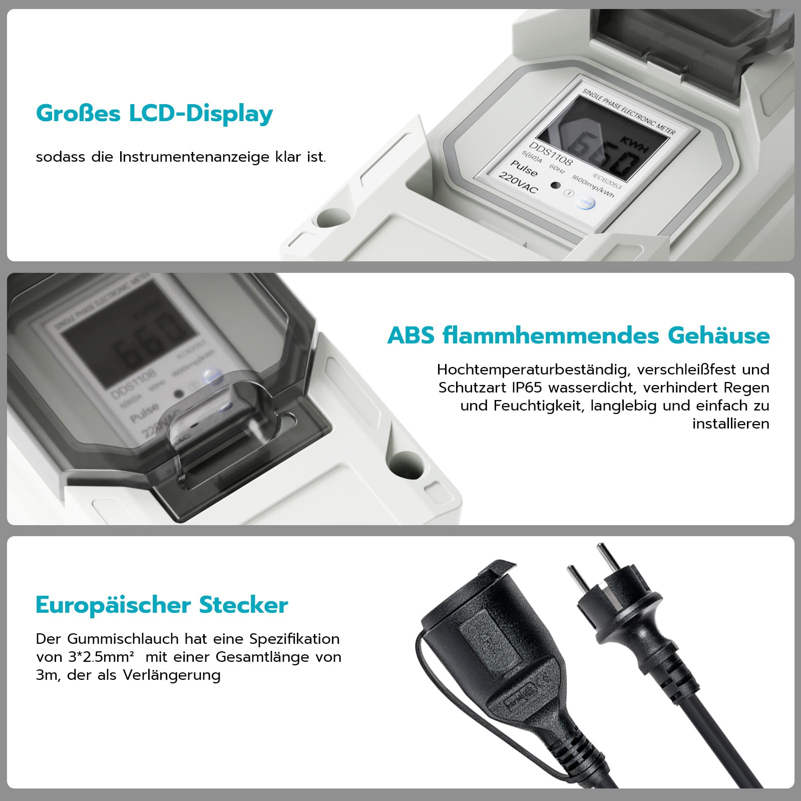 Mobiler Digitaler Stromzähler, 230V LED-Zwischenzähler mit Speicher/Reset
