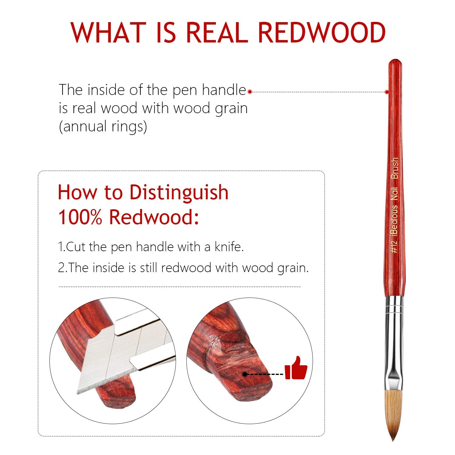 Acrylic Nail Brush for Acrylic Powder - iBealous Nail Brush for Acrylic Application Kolinsky Sable Nail Art Drawing Application With Liquid Glitter Handle 1 Pcs (Size 12, Red Wood)