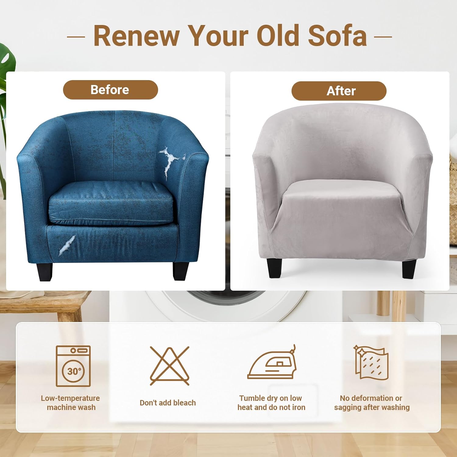 Barrel Chair Covers Slipcover 1 Piece, Grey Stretch Tub Barrel Chair Slipcovers Covers, Round Soft Armchair Sofa Cover Removable Couch Furniture Protector for Bar Living Room Bedroom