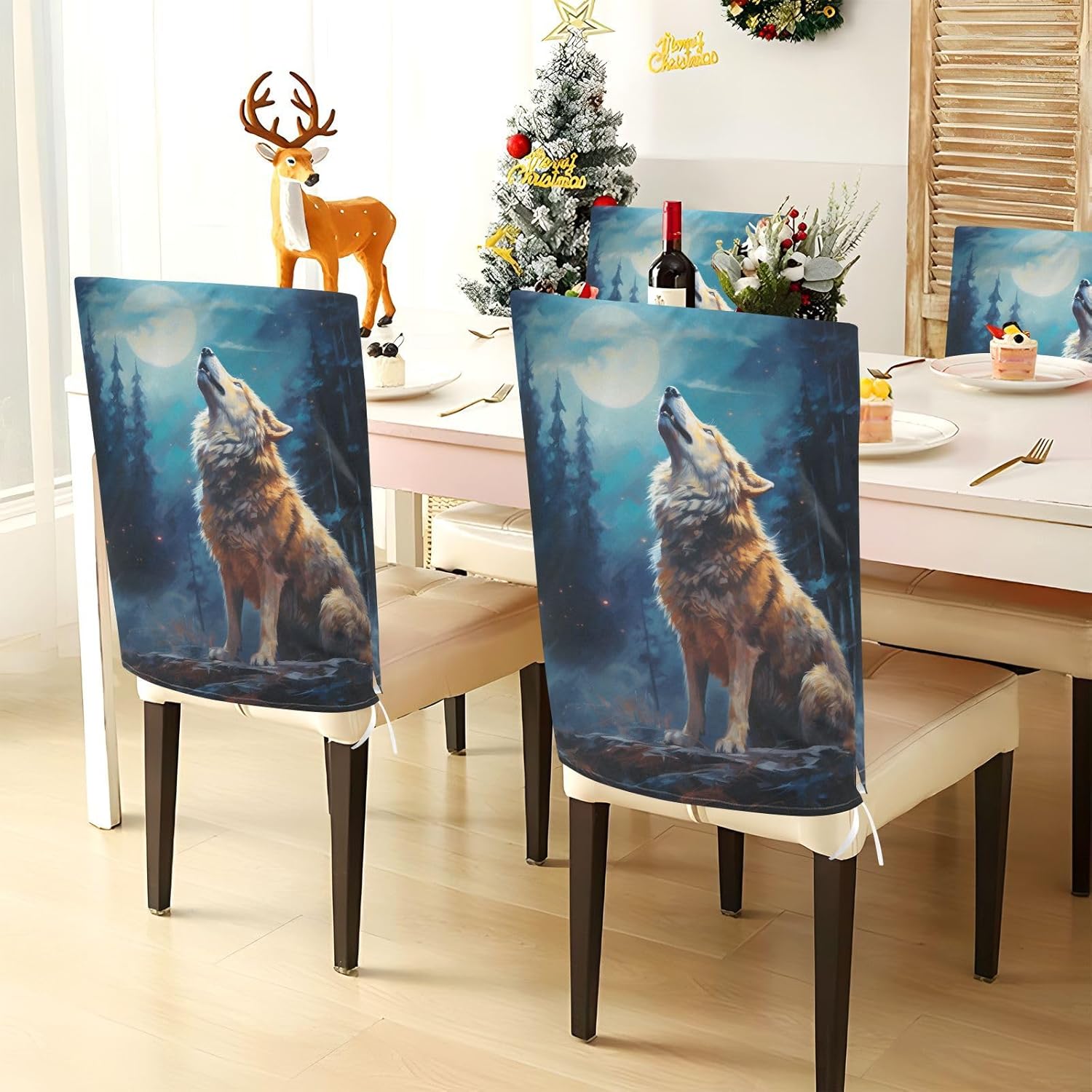 ALAZA Howl Wolf in The Forest Chair Back Cover Set of 6, Washable Reusable Removable Chair Slipcovers Decorative Chair Cover for Home Kitchen Wedding Party