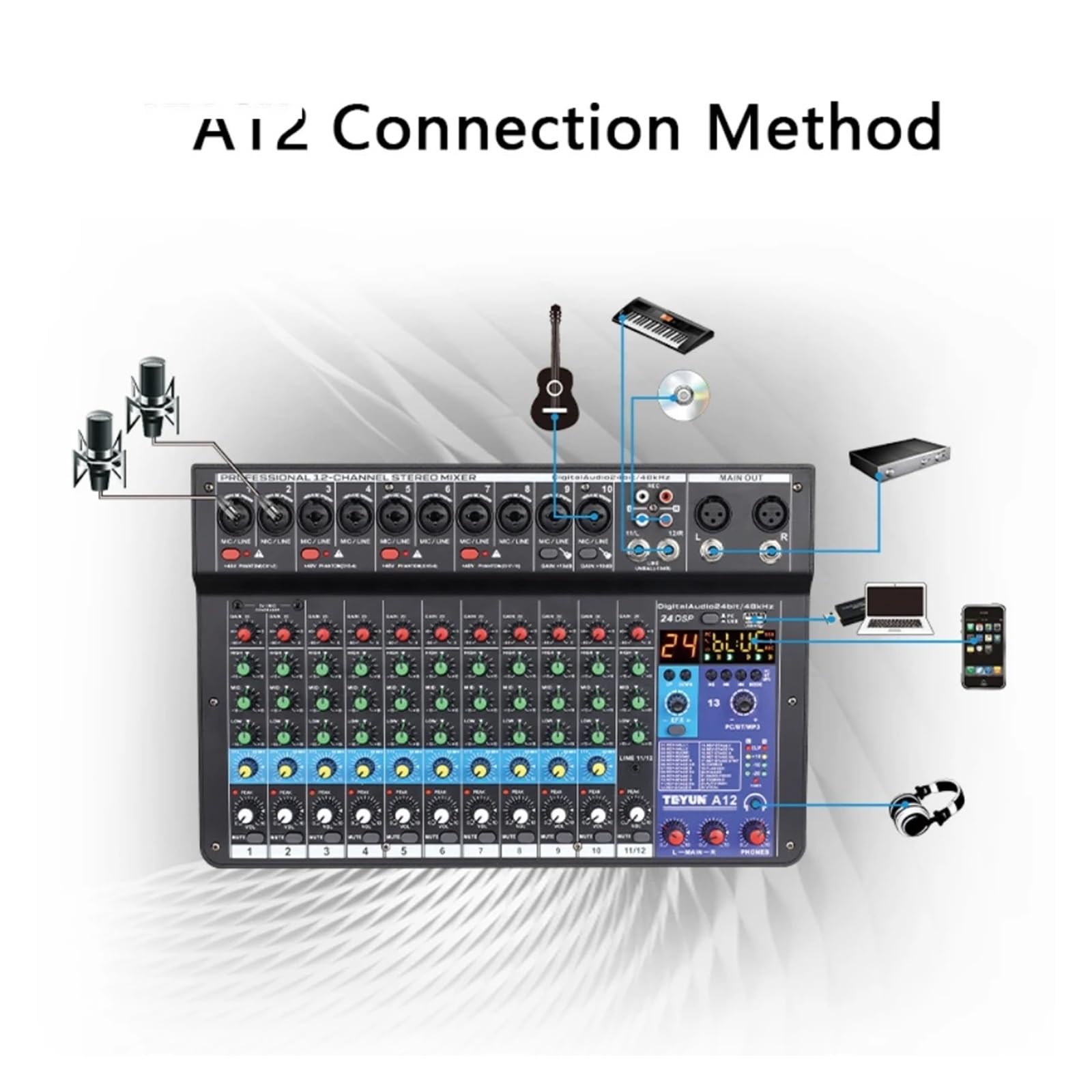 Mixer per DJ, Mixer A12 canali Mixer Portatile Professionale Scheda da Tavolo MP3 Digitale Ingresso Computer 48v Numero di Alimentazione A6 A8
