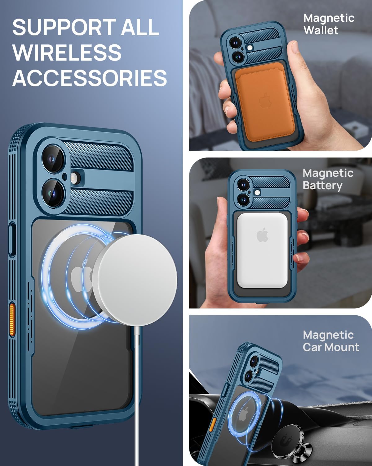 Lanhiem Magnetic for iPhone 16 Plus Case, IP68 Waterproof Dustproof Case, [Compatible with Magsafe] [Built-in Screen Protector] Full Body Heavy Duty Rugged Phone Cover 6.7 inch, Blue/Clear
