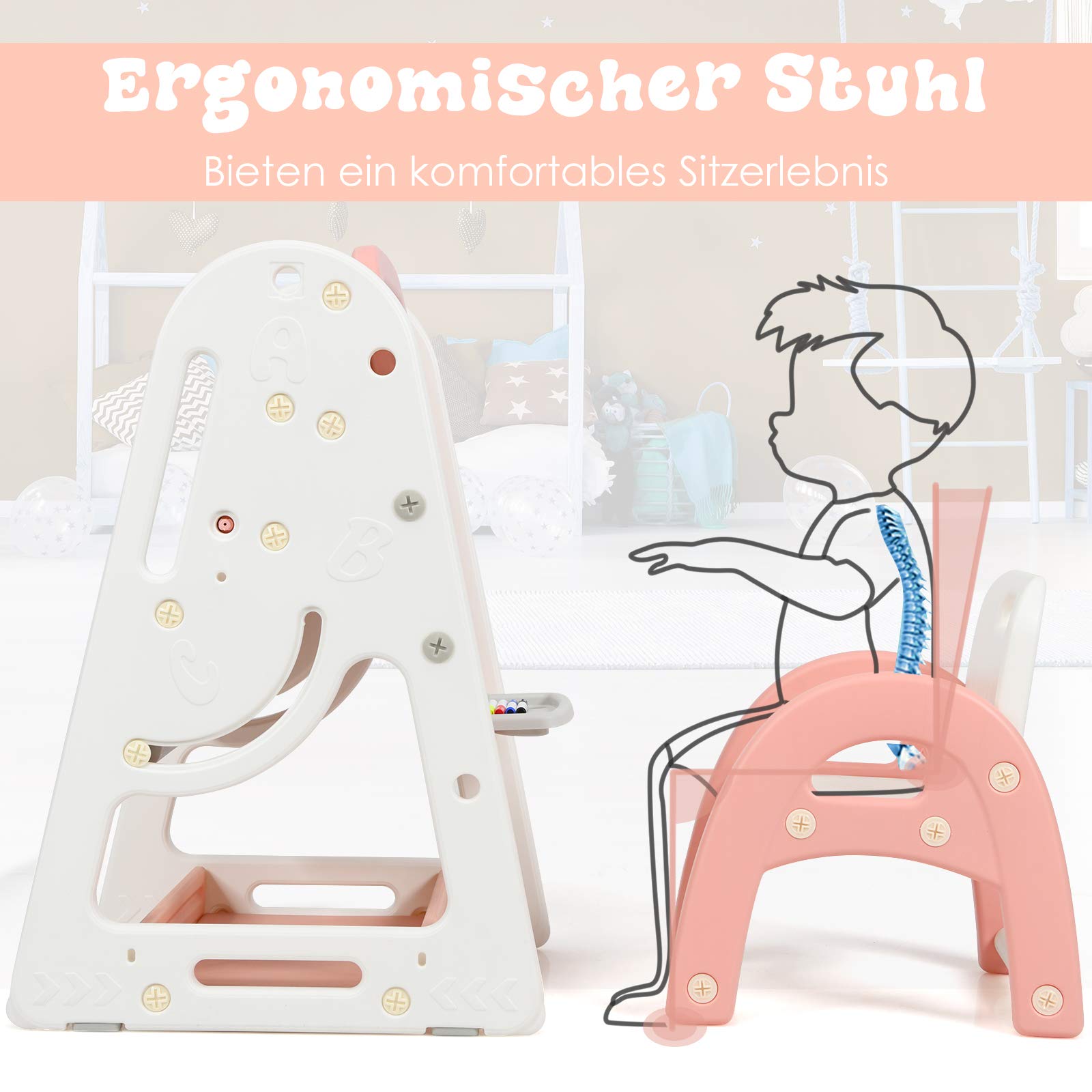 COSTWAY 2 in 1 Kinder Staffelei & Kindersitzgruppe mit Bücherregal, Kindertisch & -stuhl mit Aufbewahrungsablage und klappbarer Tischplatte, Standtafel mit Malzubehör (Orange)