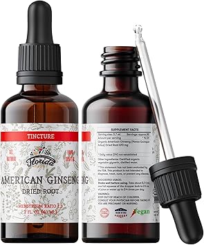American Ginseng Tincture Extract, Organic American Ginseng Panax Quinquefolius Dried Root Supplement, Non-GMO in Cold-Pressed Organic Vegetable Glycerin 700 mg, 2 oz 60 ml