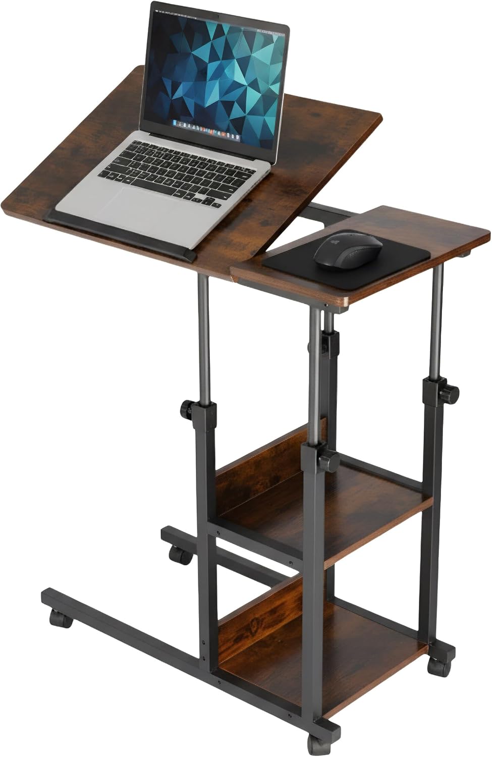 Relaxdays Laptop Table 63-90cm Height Adjustable Tilting Side Table with Wheels 2 Shelves C Shape Brown/Black